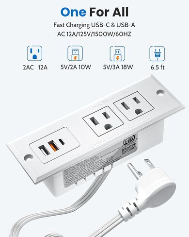 شريط طاقة مجوف مع 18 وات USB-C، 2 منافذ 3 منافذ USB (2 USB-A 1 USB-C) منفذ مكتب قابل للتركيب، منفذ مكتب جبل للطاولة الجانبية/طاولة الأريكة/الأثاث in Kuwait