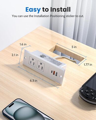 شريط طاقة مجوف مع 18 وات USB-C، 2 منافذ 3 منافذ USB (2 USB-A 1 USB-C) منفذ مكتب قابل للتركيب، منفذ مكتب جبل للطاولة الجانبية/طاولة الأريكة/الأثاث in Kuwait