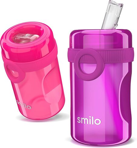 كوب سميلو سيبي 2 عبوة للأطفال الصغار (1+ سنة) مع فوهة سيليكون مقاومة للانسكاب وقابلة للطي - سعة 8.5 أونصة - أكواب أطفال خالية من مادة BPA مصنوعة في الولايات المتحدة الأمريكية - برقوقي ووردي in Kuwait