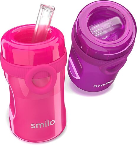 كوب سميلو سيبي 2 عبوة للأطفال الصغار (1+ سنة) مع فوهة سيليكون مقاومة للانسكاب وقابلة للطي - سعة 8.5 أونصة - أكواب أطفال خالية من مادة BPA مصنوعة في الولايات المتحدة الأمريكية - برقوقي ووردي in Kuwait