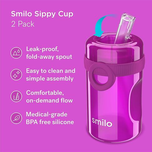 كوب سميلو سيبي 2 عبوة للأطفال الصغار (1+ سنة) مع فوهة سيليكون مقاومة للانسكاب وقابلة للطي - سعة 8.5 أونصة - أكواب أطفال خالية من مادة BPA مصنوعة في الولايات المتحدة الأمريكية - برقوقي ووردي in Kuwait