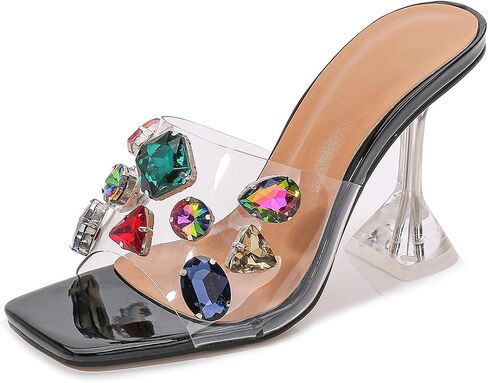 YIYA Clear Transparent Colorful Heeled Sandals for Women Open Square Toe Stiletto Mules Backless Slip on Jeweled Slide Heels Slipper Dress Shoes in Saudi Arabia