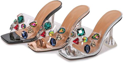 YIYA Clear Transparent Colorful Heeled Sandals for Women Open Square Toe Stiletto Mules Backless Slip on Jeweled Slide Heels Slipper Dress Shoes in Saudi Arabia