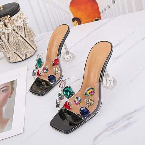 YIYA Clear Transparent Colorful Heeled Sandals for Women Open Square Toe Stiletto Mules Backless Slip on Jeweled Slide Heels Slipper Dress Shoes in Saudi Arabia