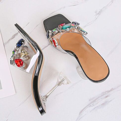 YIYA Clear Transparent Colorful Heeled Sandals for Women Open Square Toe Stiletto Mules Backless Slip on Jeweled Slide Heels Slipper Dress Shoes in Saudi Arabia