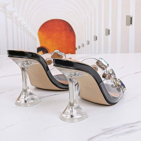YIYA Clear Transparent Colorful Heeled Sandals for Women Open Square Toe Stiletto Mules Backless Slip on Jeweled Slide Heels Slipper Dress Shoes in Saudi Arabia
