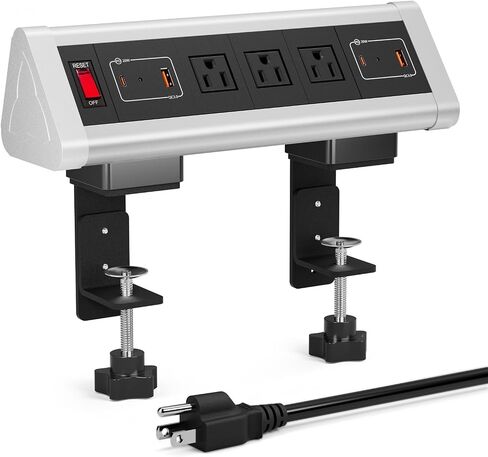 محطة شحن سريعة ذات 7 منافذ، شريط طاقة بمشبك مكتبي مزدوج مع 4 منافذ تيار متردد، PD USB-C و2 QC USB-A شحن سريع، مفتاح، سلك بطول 6 أقدام، يناسب حافة الطاولة حتى 2.84 بوصة in Saudi Arabia