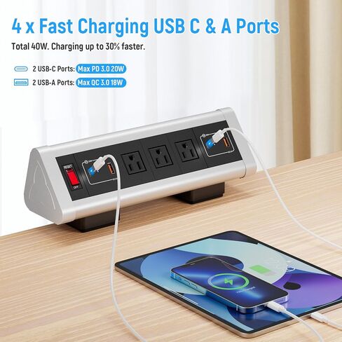 محطة شحن سريعة ذات 7 منافذ، شريط طاقة بمشبك مكتبي مزدوج مع 4 منافذ تيار متردد، PD USB-C و2 QC USB-A شحن سريع، مفتاح، سلك بطول 6 أقدام، يناسب حافة الطاولة حتى 2.84 بوصة in Saudi Arabia