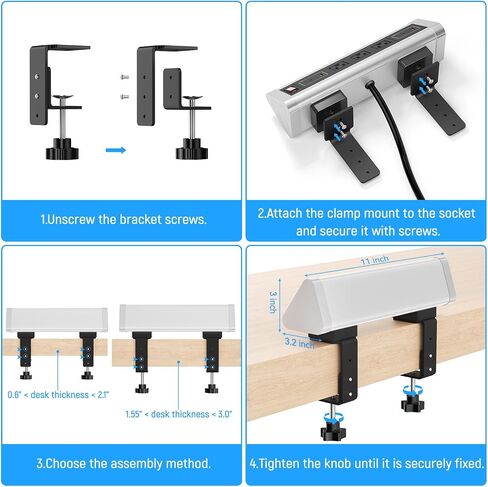 محطة شحن سريعة ذات 7 منافذ، شريط طاقة بمشبك مكتبي مزدوج مع 4 منافذ تيار متردد، PD USB-C و2 QC USB-A شحن سريع، مفتاح، سلك بطول 6 أقدام، يناسب حافة الطاولة حتى 2.84 بوصة in Saudi Arabia