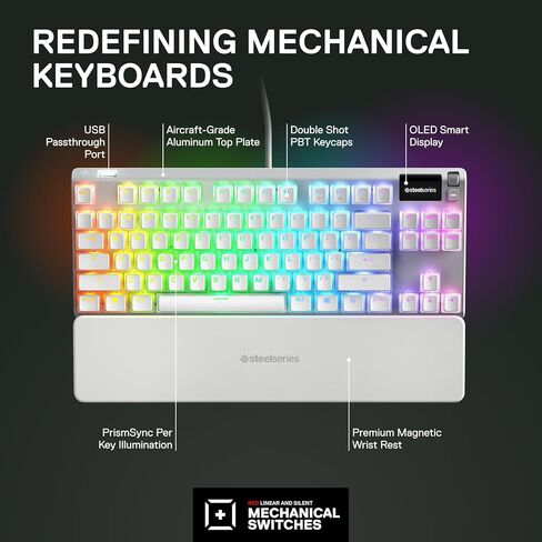 SteelSeries Apex 7 TKL Ghost - لوحة مفاتيح ميكانيكية للألعاب - شاشة OLED الذكية - خطية وهادئة - أغطية مفاتيح Doubleshot PBT Pudding - تخطيط QWERTY الأمريكي in Kuwait
