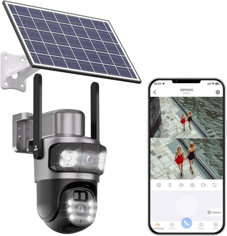SANSCO 4MP Solar WiFi Security Cameras, Wireless Outdoor Cameras for Home Security, PTZ Surveillance Camera with Dual Lens Color Night Vision, 2-Way Audio, PIR Motion Detection, Light Alarm in Saudi Arabia