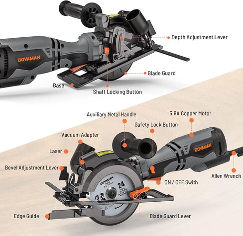 DOVAMAN Circular Saw, 5.8A Mini Circular Saw with Laser, 3500rpm, Metal Auxiliary Handle, Cutting Depth 1-11/16" (90°), 1-3/8" (45°), 6 Saw Blades Ideal for Wood, Soft Metal, Plastic, Tile - MCS01A in Kuwait