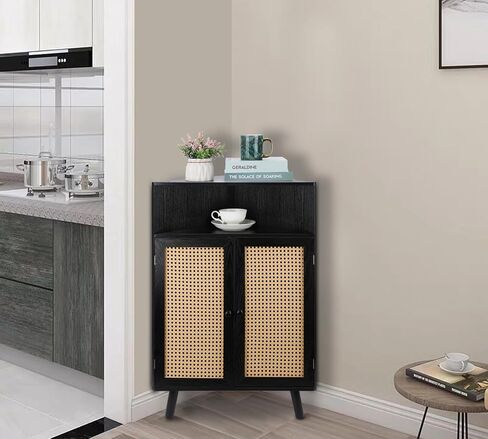 ZYBT Rattan Corner Cabinet, Small Corner Storage Shelf Stand with Doors, Corner Bar Cabinet, Corner Tables for Small Spaces, Corner Cabinet for Bedroom, Living Room, Kitchen, Bathroom, Natural in Saudi Arabia