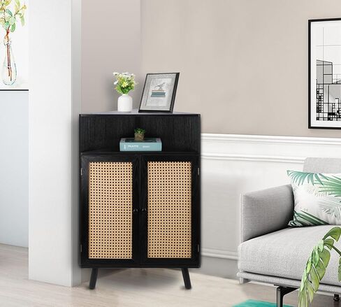 ZYBT Rattan Corner Cabinet, Small Corner Storage Shelf Stand with Doors, Corner Bar Cabinet, Corner Tables for Small Spaces, Corner Cabinet for Bedroom, Living Room, Kitchen, Bathroom, Natural in Saudi Arabia