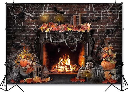 Avezano Halloween Fireplace Backdrop for Photography Vintage Halloween Photo Background Brick Wall Pumpkin Halloween Party Decoration Kids Portrait Photoshoot (7x5ft) in Saudi Arabia