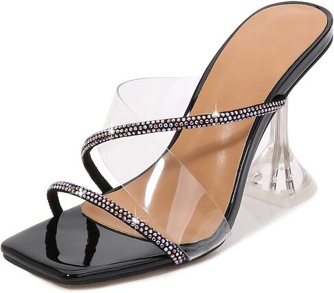 YIYA Clear Transparent Colorful Heeled Sandals for Women Open Square Toe Stiletto Mules Backless Slip on Jeweled Slide Heels Slipper Dress Shoes in Saudi Arabia