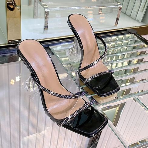 YIYA Clear Transparent Colorful Heeled Sandals for Women Open Square Toe Stiletto Mules Backless Slip on Jeweled Slide Heels Slipper Dress Shoes in Saudi Arabia