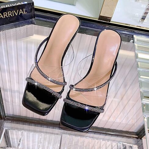 YIYA Clear Transparent Colorful Heeled Sandals for Women Open Square Toe Stiletto Mules Backless Slip on Jeweled Slide Heels Slipper Dress Shoes in Saudi Arabia