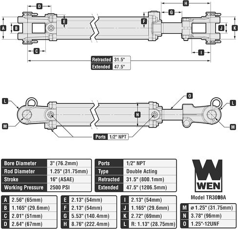 WEN TR3008 2500 PSI Tie Rod Hydraulic Cylinder with 3 in. Bore and 8 in. Stroke,Black in Kuwait