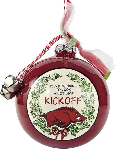 زخرفة كرة سيراميك رازورباكس من جامعة أركنساس - تصميم شعار الفريق وكسارة البندق مع شريط وأجراس من ماجنوليا لين - زينة عيد الميلاد، هدية لطلاب أركنساس، الخريجين - للمنزل، والسكن in Kuwait