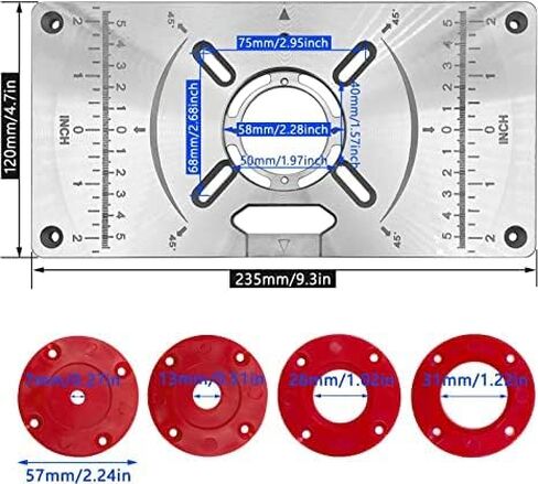 Aluminum Alloy Router Table Insert Plate with Insertion Rings Fixing Screws for Woodworking Benches Trimming Machine Flip Chip Board 235x120x8mm in Saudi Arabia