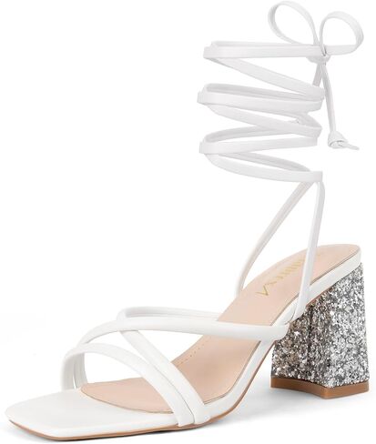 Zelaprox Women's Strappy Lace up Heels Sandals Glitter Chunky Block Heeled Sandals Square Open Toe Tie Up Heels Summer Dress Wedding Prom Party Shoes in Saudi Arabia