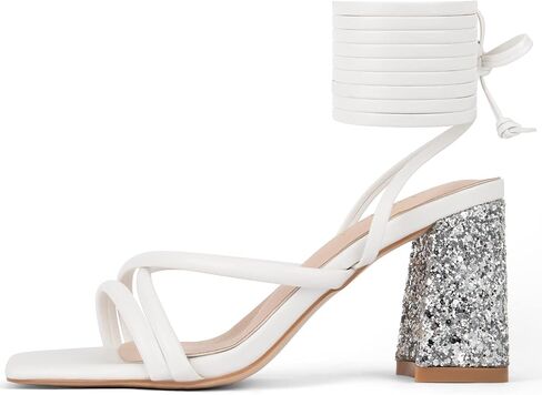 Zelaprox Women's Strappy Lace up Heels Sandals Glitter Chunky Block Heeled Sandals Square Open Toe Tie Up Heels Summer Dress Wedding Prom Party Shoes in Saudi Arabia