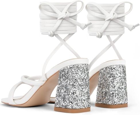 Zelaprox Women's Strappy Lace up Heels Sandals Glitter Chunky Block Heeled Sandals Square Open Toe Tie Up Heels Summer Dress Wedding Prom Party Shoes in Saudi Arabia