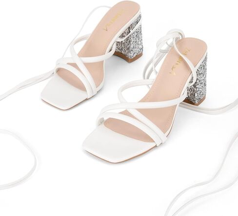 Zelaprox Women's Strappy Lace up Heels Sandals Glitter Chunky Block Heeled Sandals Square Open Toe Tie Up Heels Summer Dress Wedding Prom Party Shoes in Saudi Arabia