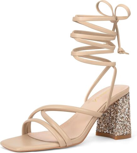 Zelaprox Women's Strappy Lace up Heels Sandals Glitter Chunky Block Heeled Sandals Square Open Toe Tie Up Heels Summer Dress Wedding Prom Party Shoes in Saudi Arabia
