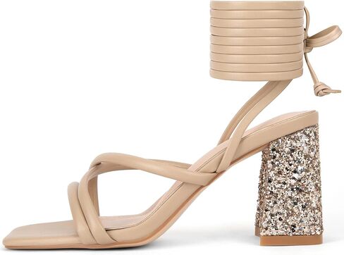Zelaprox Women's Strappy Lace up Heels Sandals Glitter Chunky Block Heeled Sandals Square Open Toe Tie Up Heels Summer Dress Wedding Prom Party Shoes in Saudi Arabia