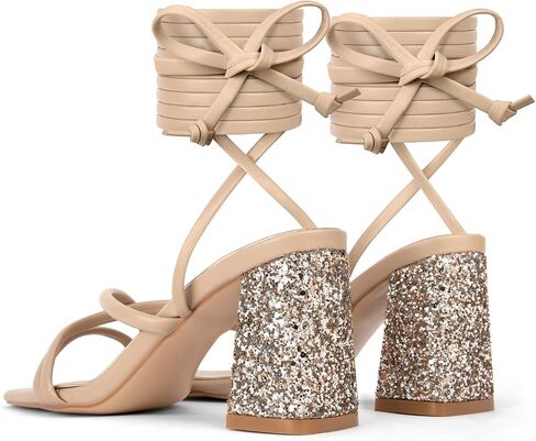 Zelaprox Women's Strappy Lace up Heels Sandals Glitter Chunky Block Heeled Sandals Square Open Toe Tie Up Heels Summer Dress Wedding Prom Party Shoes in Saudi Arabia