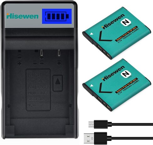 Hisewen NP-BN1 بطارية 2 حزمة وشاحن LED لسوني Cyber-Shot DSC-W800 DSC-W530 DSC-W570 DSC-W650 DSC-W830 DSC-W310 DSC-W330 DSC-TX10 TX20 TX30 DSC-WX100 DSC-W800 DSC-QX10 دسك-QX30 in Kuwait