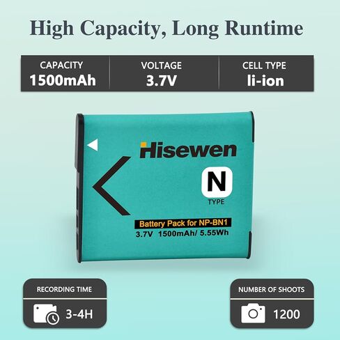 Hisewen NP-BN1 بطارية 2 حزمة وشاحن LED لسوني Cyber-Shot DSC-W800 DSC-W530 DSC-W570 DSC-W650 DSC-W830 DSC-W310 DSC-W330 DSC-TX10 TX20 TX30 DSC-WX100 DSC-W800 DSC-QX10 دسك-QX30 in Kuwait
