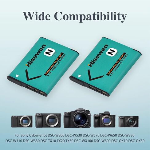Hisewen NP-BN1 بطارية 2 حزمة وشاحن LED لسوني Cyber-Shot DSC-W800 DSC-W530 DSC-W570 DSC-W650 DSC-W830 DSC-W310 DSC-W330 DSC-TX10 TX20 TX30 DSC-WX100 DSC-W800 DSC-QX10 دسك-QX30 in Kuwait