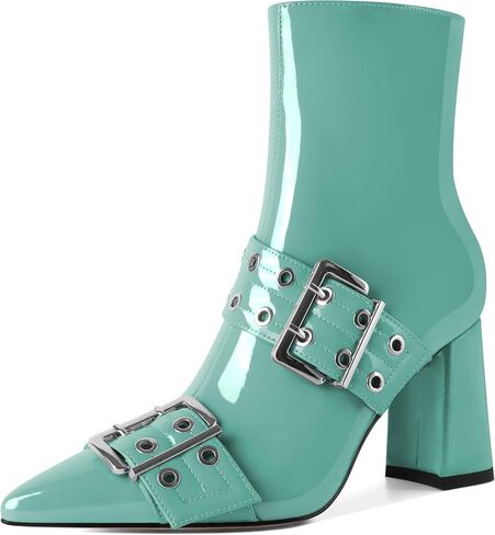YODEKS Ankle Boots For Women Short Boots Pointed Toe Chunky High Heel Boots Metal Buckle Studded Boots in Saudi Arabia