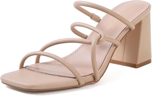 حذاء نسائي من Shoe'N Tale بكعب بأشرطة وحزامين مكتنزين صنادل صيفية بكعب مربع مفتوح عند الأصابع بدون ظهر حذاء سهل الارتداء (9، عاري) in Kuwait