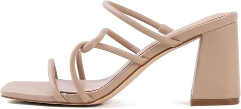 حذاء نسائي من Shoe'N Tale بكعب بأشرطة وحزامين مكتنزين صنادل صيفية بكعب مربع مفتوح عند الأصابع بدون ظهر حذاء سهل الارتداء (9، عاري) in Kuwait