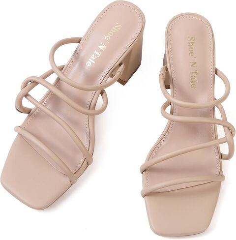 حذاء نسائي من Shoe'N Tale بكعب بأشرطة وحزامين مكتنزين صنادل صيفية بكعب مربع مفتوح عند الأصابع بدون ظهر حذاء سهل الارتداء (9، عاري) in Kuwait