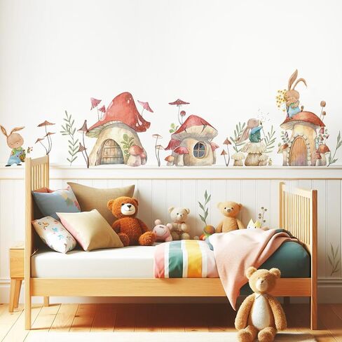 Watercolor Large Mushroom House Wall Decals Peel and Stick, Transparent PVC Rabbits Wall Stickers for Girls Bedroom Playroom Kids Room, Flower Wall Decal Decor in Saudi Arabia