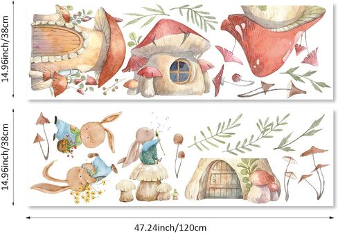 Watercolor Large Mushroom House Wall Decals Peel and Stick, Transparent PVC Rabbits Wall Stickers for Girls Bedroom Playroom Kids Room, Flower Wall Decal Decor in Saudi Arabia