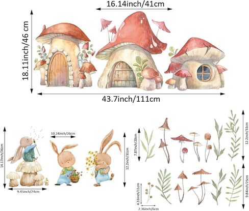 Watercolor Large Mushroom House Wall Decals Peel and Stick, Transparent PVC Rabbits Wall Stickers for Girls Bedroom Playroom Kids Room, Flower Wall Decal Decor in Saudi Arabia