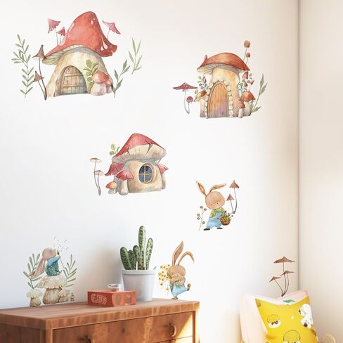 Watercolor Large Mushroom House Wall Decals Peel and Stick, Transparent PVC Rabbits Wall Stickers for Girls Bedroom Playroom Kids Room, Flower Wall Decal Decor in Saudi Arabia