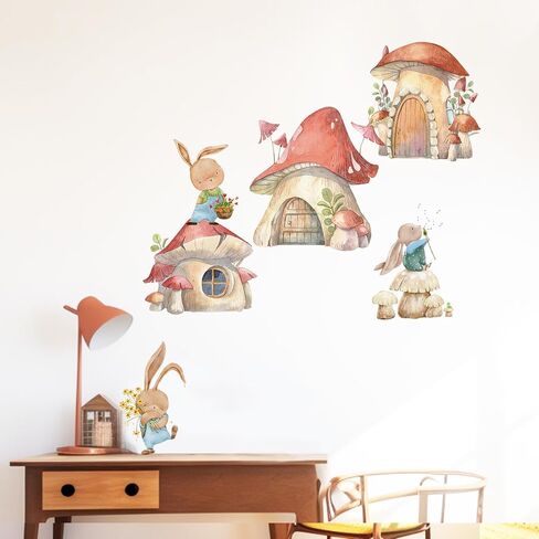 Watercolor Large Mushroom House Wall Decals Peel and Stick, Transparent PVC Rabbits Wall Stickers for Girls Bedroom Playroom Kids Room, Flower Wall Decal Decor in Saudi Arabia