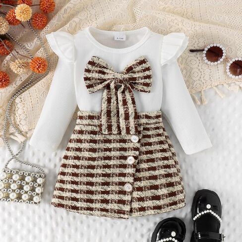 Toddler Girls Spring Autumn 2Pcs Skirt Outfits Long Sleeve Ruffle Ribbed Solid Color Tops A-line Plaid Skirt Sets in Kuwait