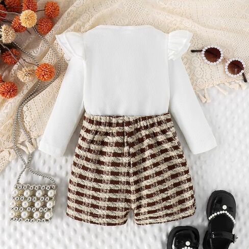Toddler Girls Spring Autumn 2Pcs Skirt Outfits Long Sleeve Ruffle Ribbed Solid Color Tops A-line Plaid Skirt Sets in Kuwait