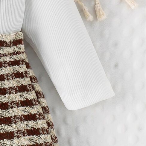 Toddler Girls Spring Autumn 2Pcs Skirt Outfits Long Sleeve Ruffle Ribbed Solid Color Tops A-line Plaid Skirt Sets in Kuwait