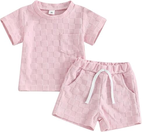 Unisex Toddler Baby Boy Girl Summer Clothes Short Sleeve T-Shirt+Shorts Checkerboard Two Piece Solid Outfit Set in Kuwait