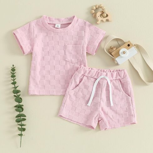 Unisex Toddler Baby Boy Girl Summer Clothes Short Sleeve T-Shirt+Shorts Checkerboard Two Piece Solid Outfit Set in Kuwait