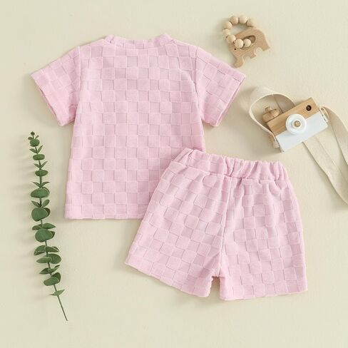 Unisex Toddler Baby Boy Girl Summer Clothes Short Sleeve T-Shirt+Shorts Checkerboard Two Piece Solid Outfit Set in Kuwait